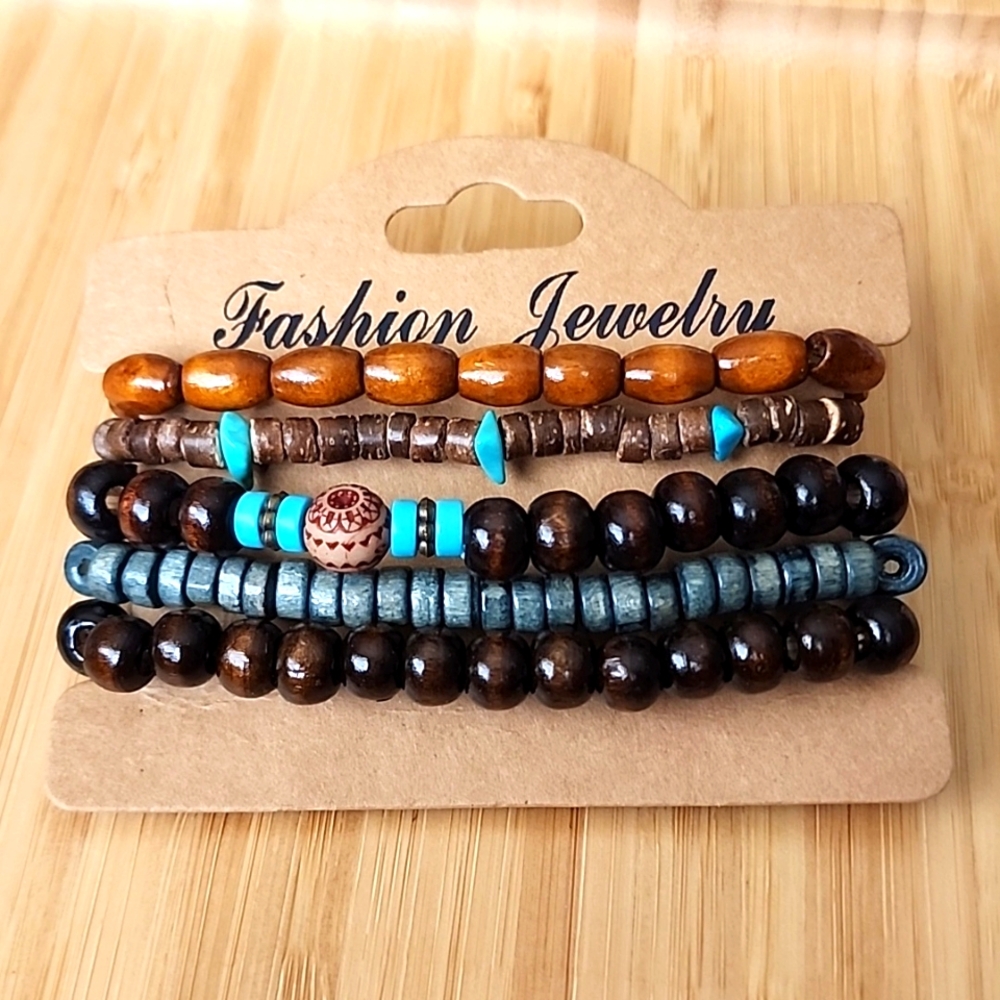 5 Piece Boho Wood Metals acrylics  Bracelet  Set